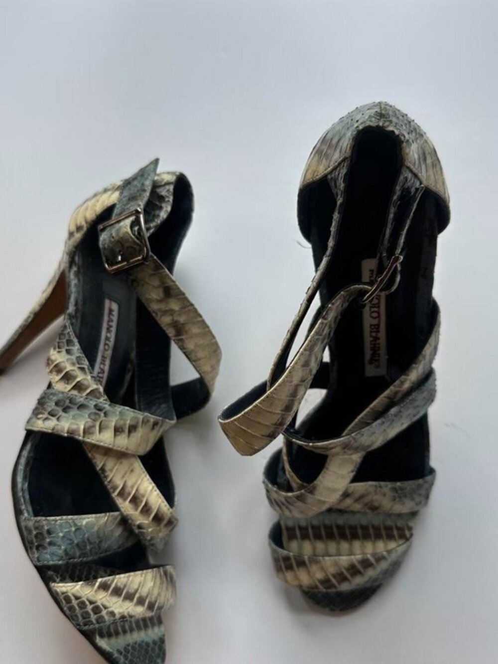 Manolo Blahnik Python Strappy Sandals 37 Snake Skin Stiletto Heels